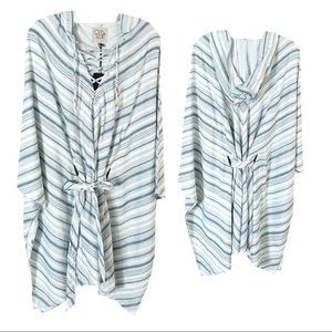 Chaser Beachy Linen Lace-up Dolman Stripe Hooded Tunic Dress Cover Up Size M NWT